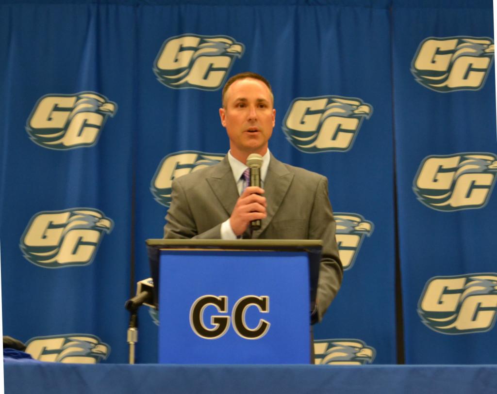 LETS START COACHING--  New Lady Eagles Head Coach Aaron Beth address an audience of students, faculty and local media at a press conference announcing his new position with the Eagles. 