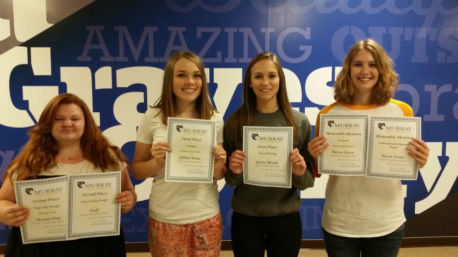 AWARD WINNERS-- Pictured L to R Mariah Day (Senior), Jillian Winn (Junior), Katie Meade (Junior), and Becca Green (Junior) were individual winners in Fridays journalism workshop and competition.
