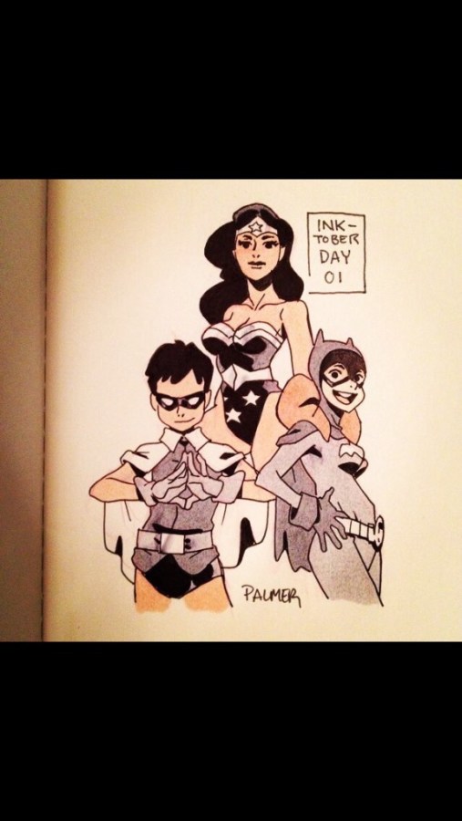 INKTOBER--this drawing by artist Chris Palmer (tumblr: chrispalmerart) its an all ink drawing of Batgirl, Wonder Woman, and Robin 