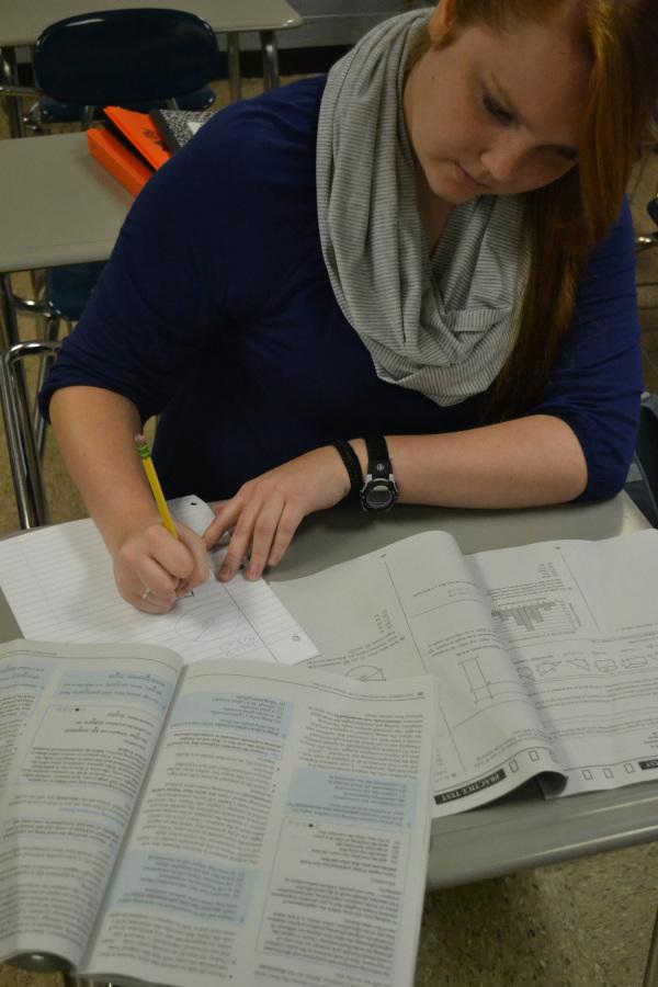 PSAT PREP-- Junior Melissa LaClair studies for the PSAT test with prep materials provided by the school.