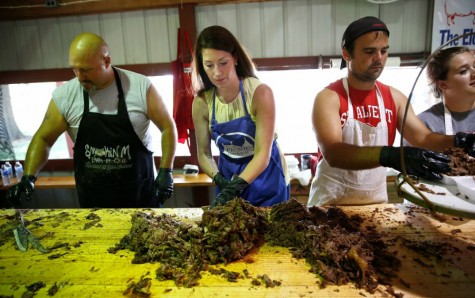 IN ON THE ACTION-- Secretary of State Alison Lundergan Grimes chops barbecue at the 2014 picnic.
