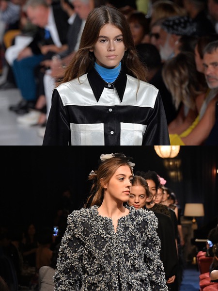 Kaia Gerber walking Calvin Kleins Spring 2018 show (top), and Sistine Stallone (bottom) walking finale at Chanel. 