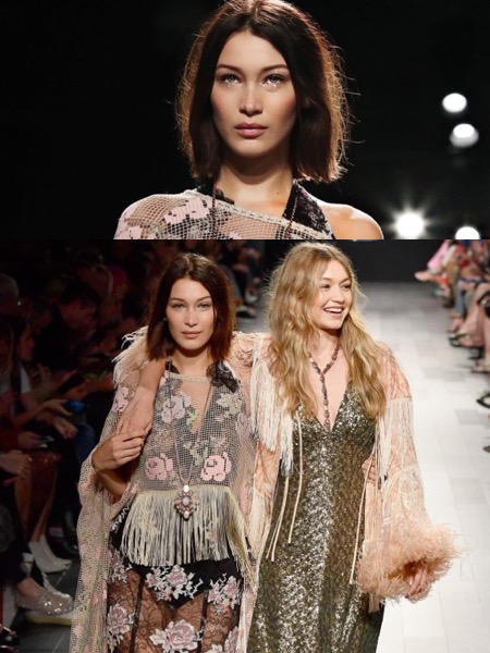 Bella Hadid (top and left) and Gigi Hadid (right) walking Anna Sui Spring 2018 