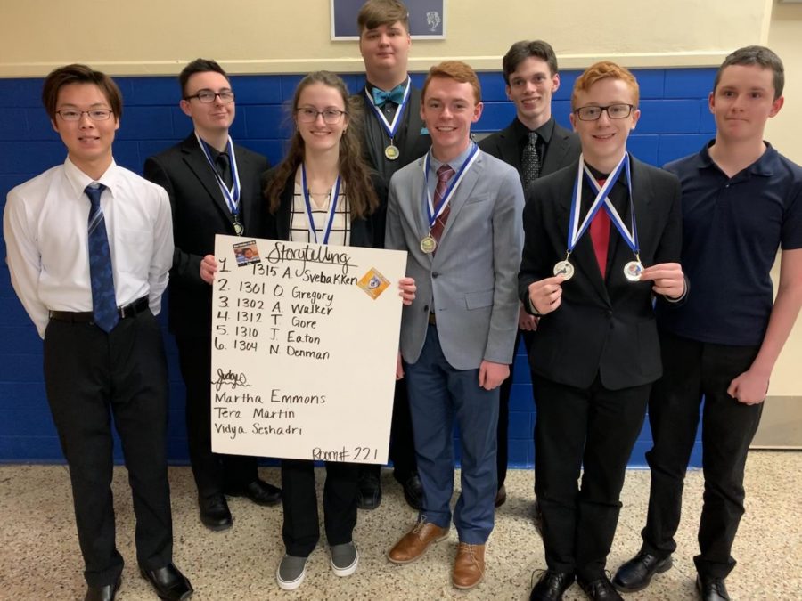 (from left) Koki Tsubota; Aidan Walker, 3rd place, Declamation, 2nd place, Storytelling; Olivia Gregory, 1st place, Storytelling; Michael Black, 3rd place, Poetry; Kendall Tubbs, 3rd place, Extemporaneous Speaking; John Roberts; Nick Lashbrook, 7th place, Extemporaneous Speaking, 6th place, Humorous Interpretation; Landon Ray