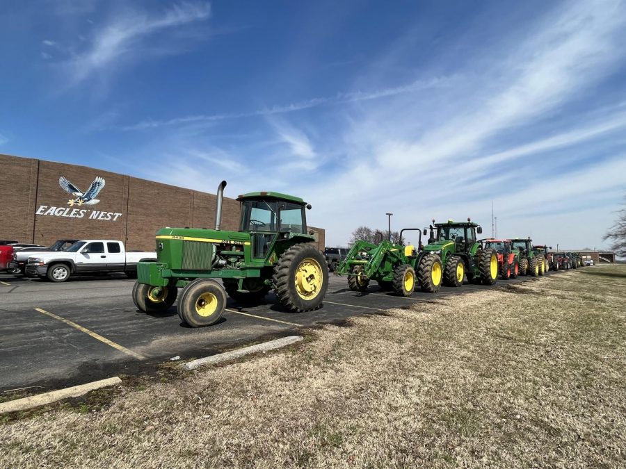 Some of the tractors driven by students in GCHSs parking lot.