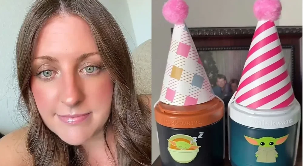 A mother uses a duck-shaped urn to press a hospital baby button after her son is born
