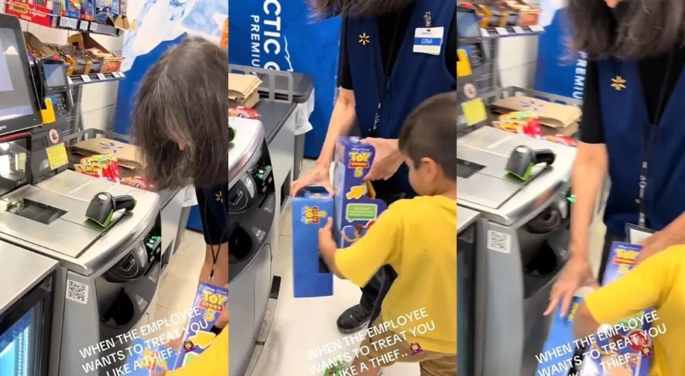 Two women in a Walmart aisle appear to add cat litter to a jug before heading to checkout
