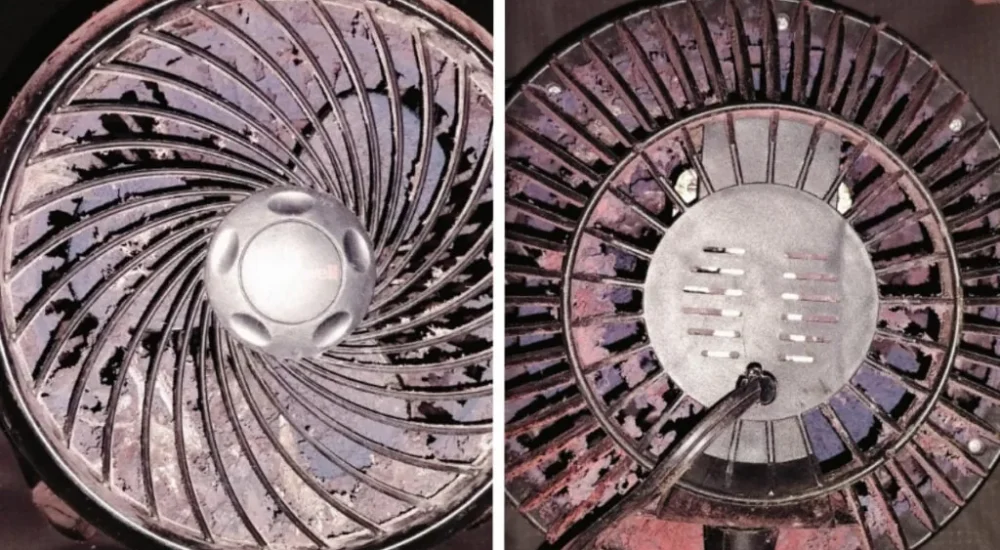A dusty fan covered in paint particles after a Minnesota renter cleaned it outside