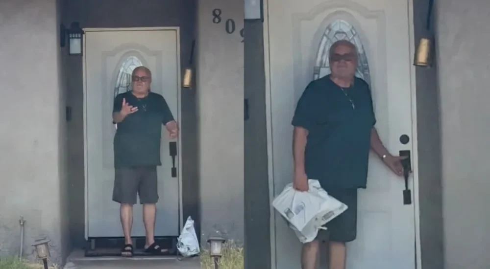 Amazon delivery driver confronted by a man near a driveway during a heated property dispute