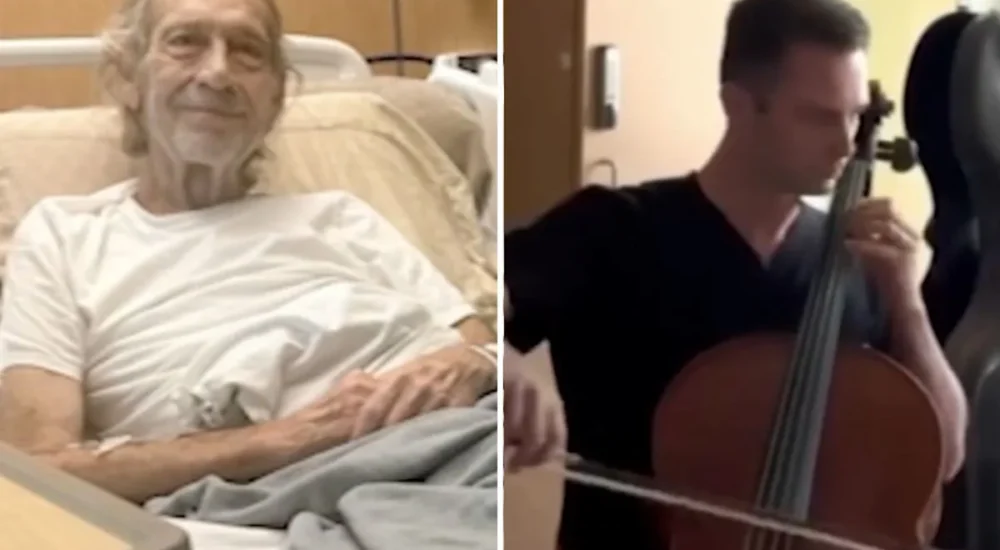 A doctor plays cello at a veteran's bedside in a California hospital room
