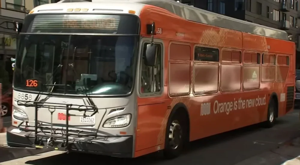 A San Francisco Muni bus traveling through the city after a stabbing case aboard the bus